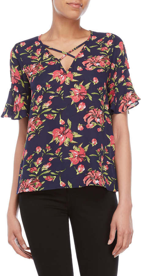 Harve Benard Georgette Strappy Ruffled Short Sleeve Top