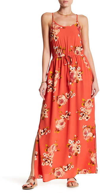 Drawstring Waist Floral Print Maxi Dress