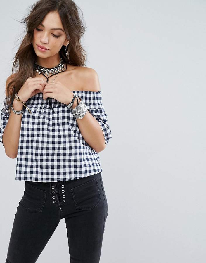 Off Shoulder Top With Frill Sleeves In Gingham