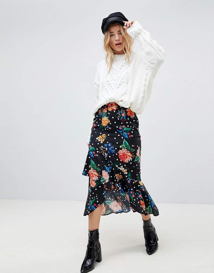 – Midirock mit Rüschendetail und Blumen-Punkte-Muster