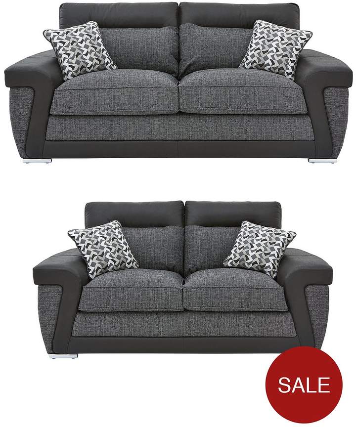 Geo Fabric And Faux Leather 3-Seater + 2-Seater Sofa Set