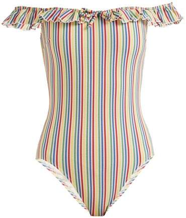 The Amelia off-the-shoulder striped swimsuit