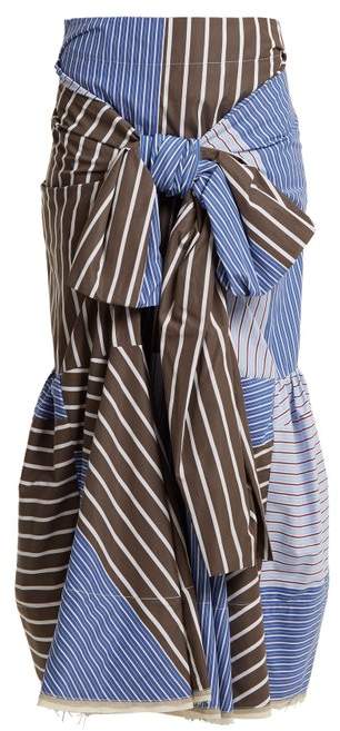 Knot-front striped cotton-blend poplin skirt