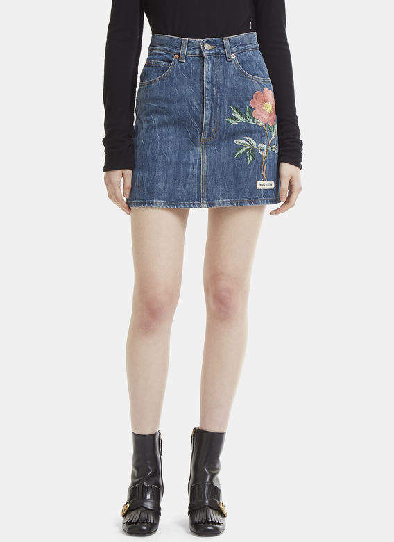 High Waist Flower Embroidered Mini Skirt in Blue