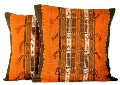 Burning Sunset Handmade 100% Cotton Orange Loomed Cushion Covers Pair
