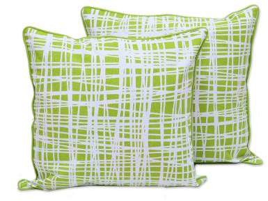 Green Woods Green and White Cotton Printed Woods Pair of Cushion Covers
