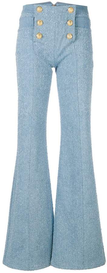 6 button flocked wide leg jeans