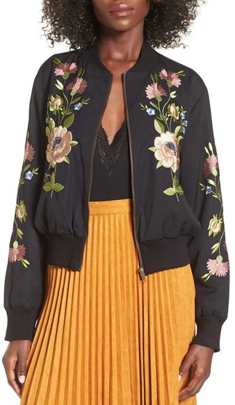 bFloral Embroidered Bomber Jacket