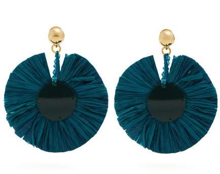 Bead-embellished small raffia disc-drop earrings