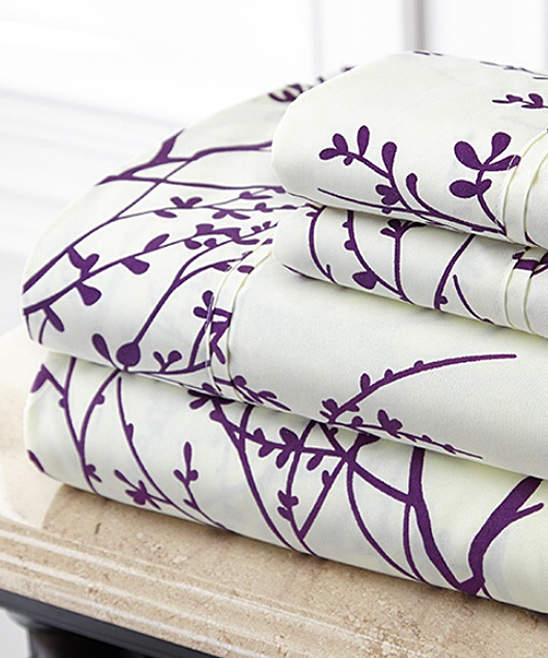 Ivory & Purple Foliage Microfiber Sheet Set