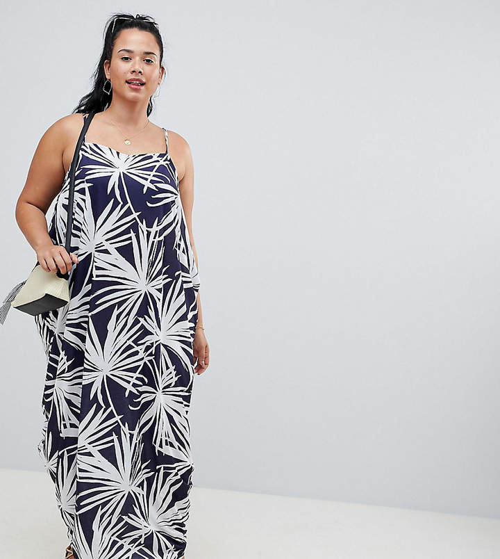 DESIGN Curve tab back drape hareem maxi dress in navy palm print