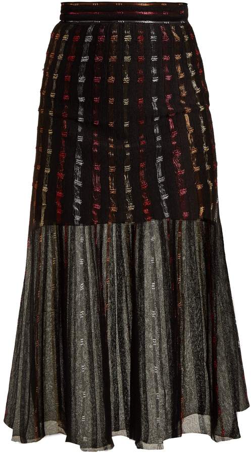 Metallic-knit pleated midi skirt