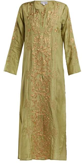 Floral Embroidered Silk Kaftan - Womens - Green Gold