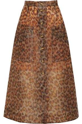 Leopard-Print Rubberized Midi Skirt