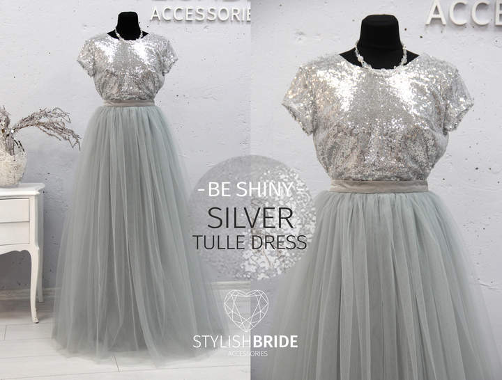 Etsy Silver Grey Shiny Dress Tulle Set SEQUIN TOP and Tulle skirt, Gray sequin top Bridesmaids Dress sequ