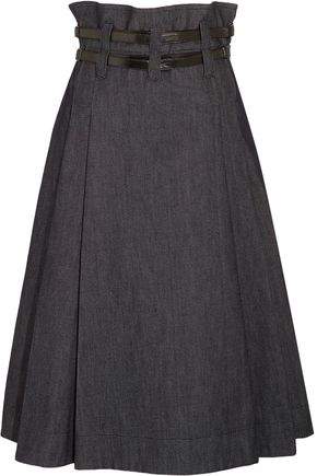 Leather-Trimmed Pleated Denim Midi Skirt