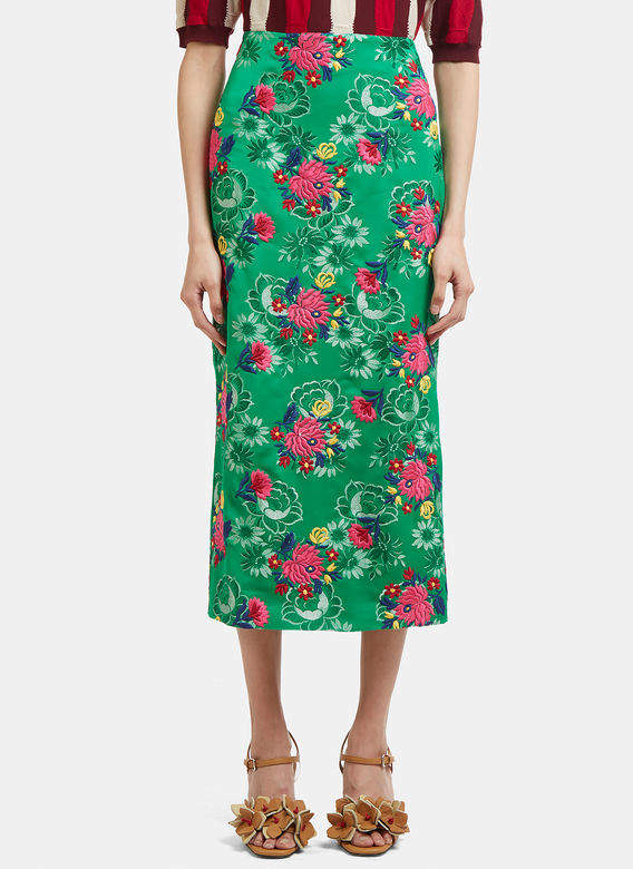 Floral Embroidered Jacquard Skirt in Green
