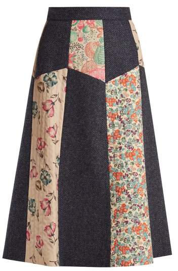 Patchwork wool-herringbone midi skirt