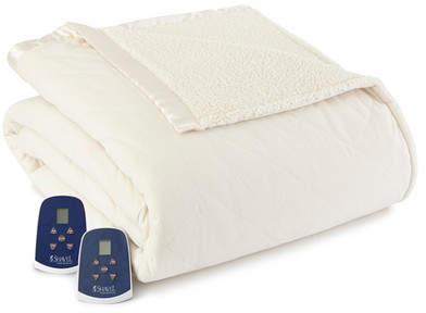 Shavel Micro Flannel Reverse to Faux Shearling Electric Heated Queen Blanket - Ivory
