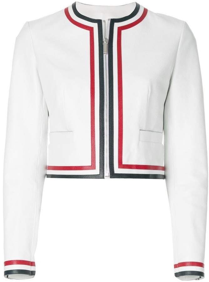 Zip Up Cardigan Jacket With Red, White And Blue Applique In Pebble Grain Leather