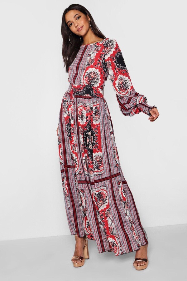 shirred waist scarf print maxi dress