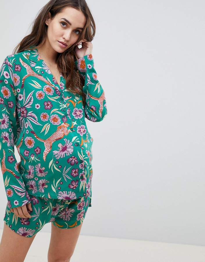 DESIGN Maternity Graphic Floral 100% Modal Traditional Shirt & Short Pajama Set