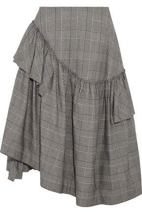 Asymmetric Ruffled Prince Of Wales Checked Cotton-Blend Midi Skirt