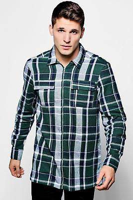 Long Sleeve Check Flannel Zip Shacket in Green größe S