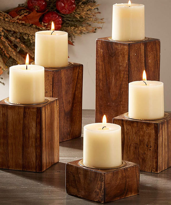 Mango Wood Pillar Candleholder - Set of Five