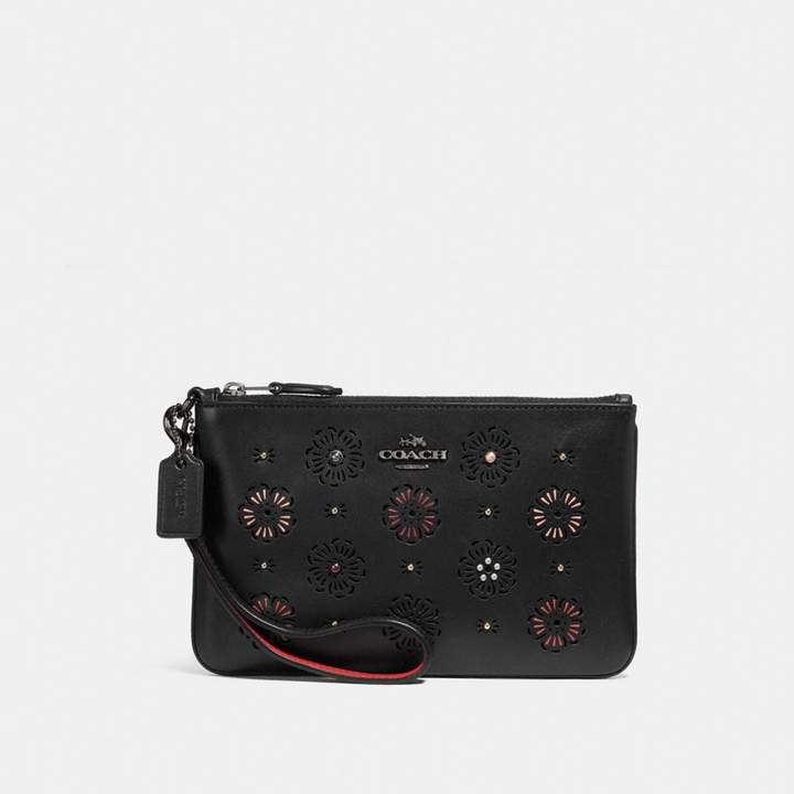 Coach New YorkCoach Small Wristlet With Cut Out Tea Rose - BLACK/DARK GUNMETAL - STYLE