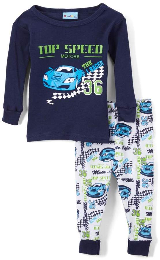 Blue Race Car 'Motors' Long-Sleeve Pajama Set - Infant