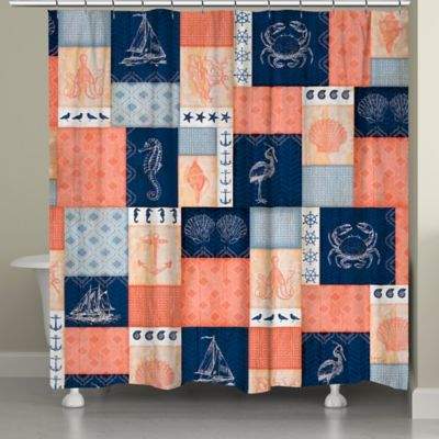 Laural Home® Coral and Navy Coastal Shower Curtain