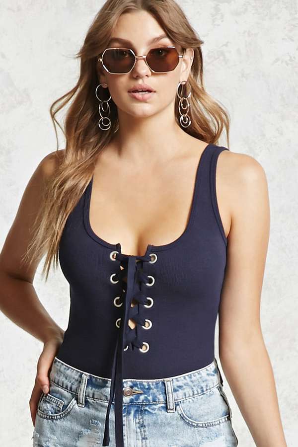 Ribbed Lace-Up Bodysuit