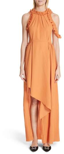 Asymmetrical Ruffle Trim Silk Blend Dress