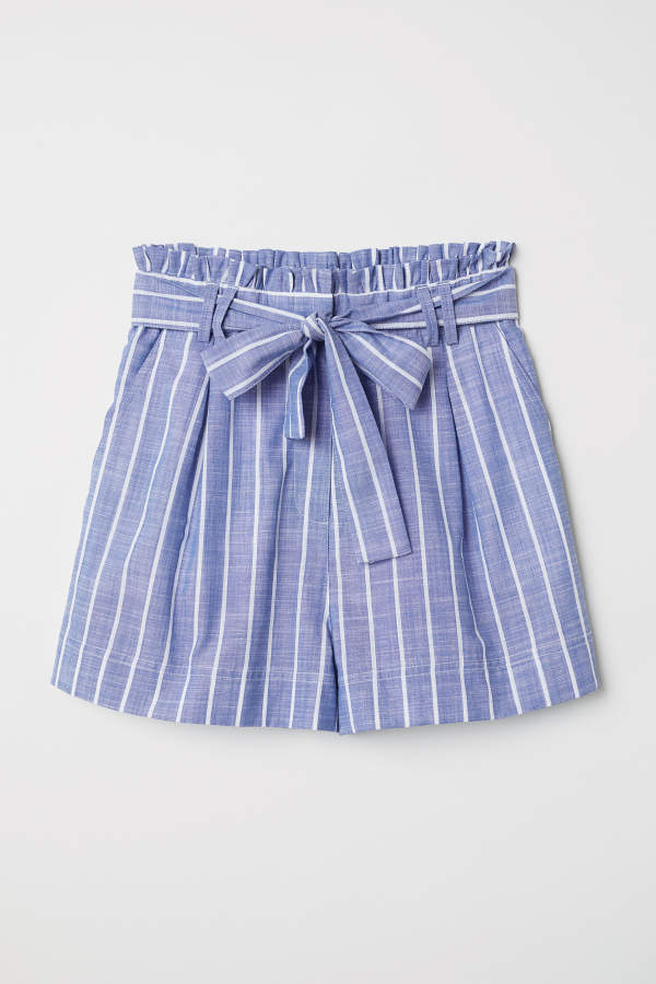 Striped Cotton Shorts - Light blue/white striped - Women