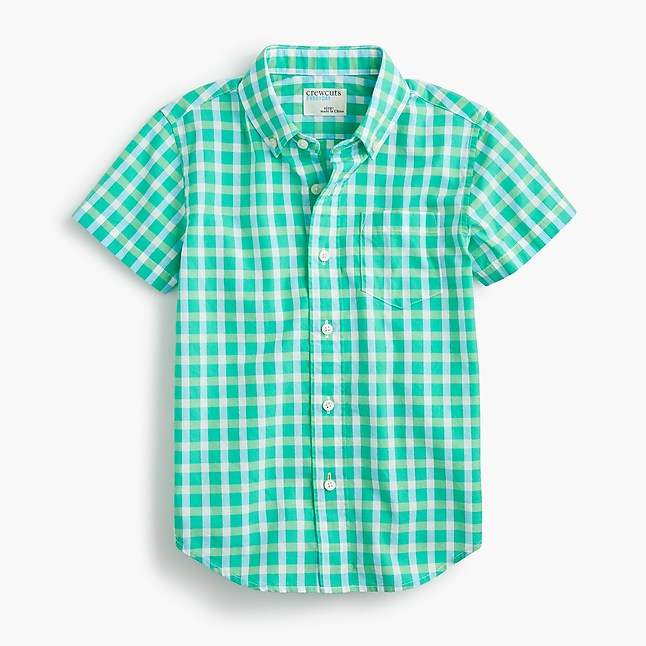 Boys' short-sleeve Secret Wash shirt in green gingham