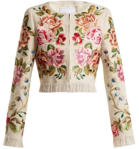 Floral-embroidered linen-blend jacket