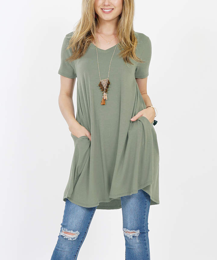 Light Olive Pocket V-Neck Curved-Hem Tunic - Women & Plus