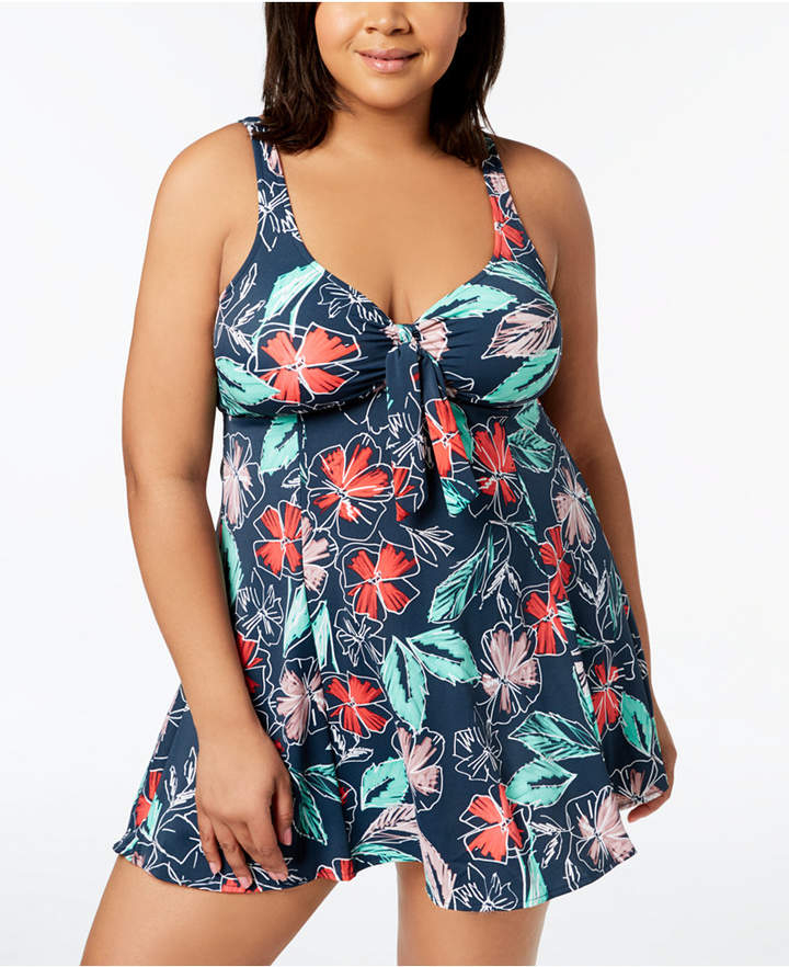 Swim Solutions Plus Size Sketch Printed Bow-Front Tummy Control Swimdress, Created for Macy's Women's Swimsuit