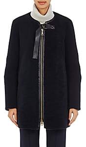 WOMEN'S LEATHER-TRIMMED SHEARLING COAT - NAVY SIZE 42 FR