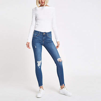 Womens Mid Blue Amelie ripped mid rise jeans