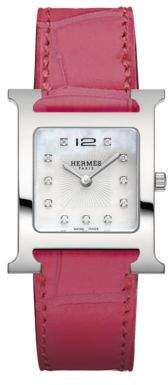 Hermes Watches Heure H MM Diamond, Stainless Steel & Alligator Strap Watch