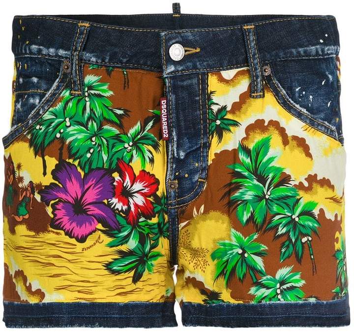 Hawaiian print denim shorts