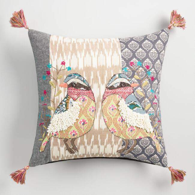 Multicolor Embroidered Patchwork Bird Throw Pillow