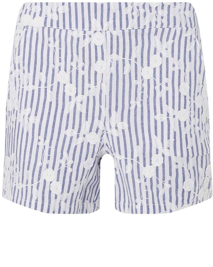 Blue Floral Embroidered Striped Cotton Shorts