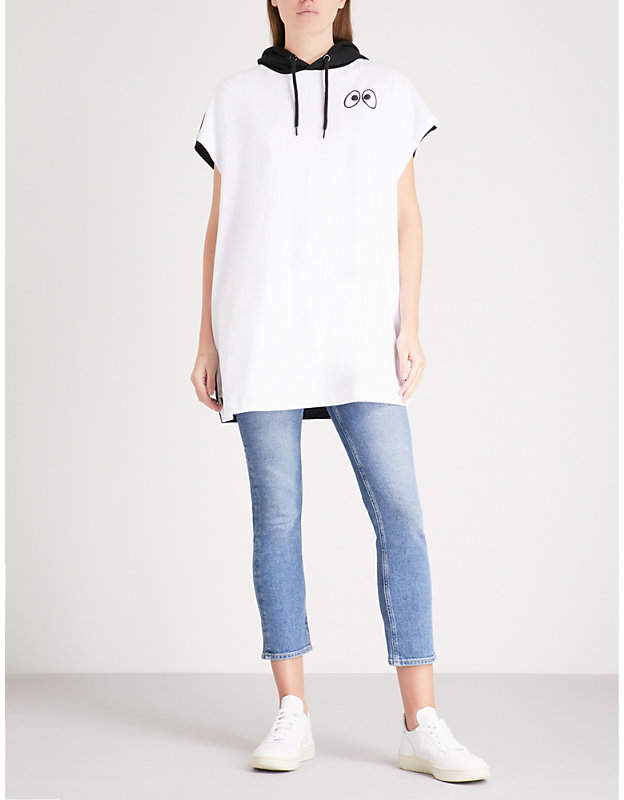 Mini Cream Slogan-embroidered cotton-jersey hoody dress