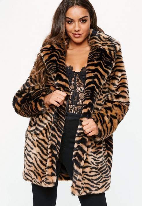 Tiger Print Faux Fur Coat, Orange