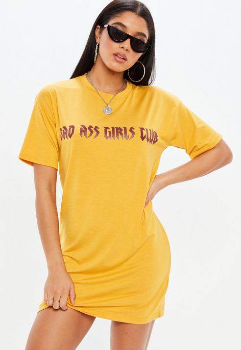 Mustard Yellow Bad Ass Girls Oversized T-Shirt Dress