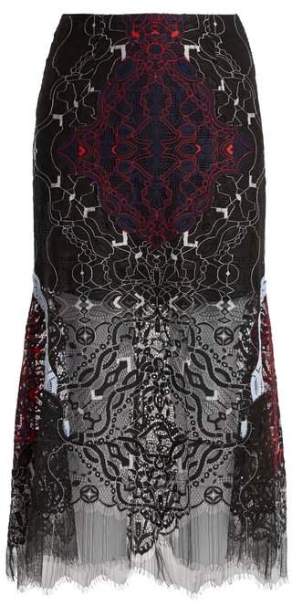 Tri-colour embroidered lace midi skirt