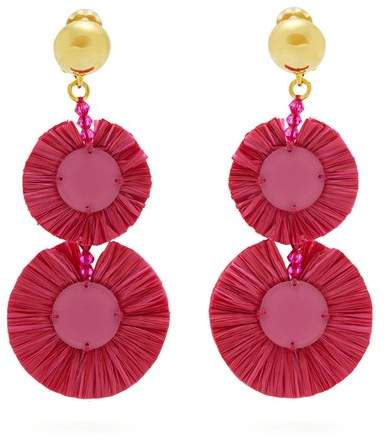 Bead-embellished raffia disc-drop earrings